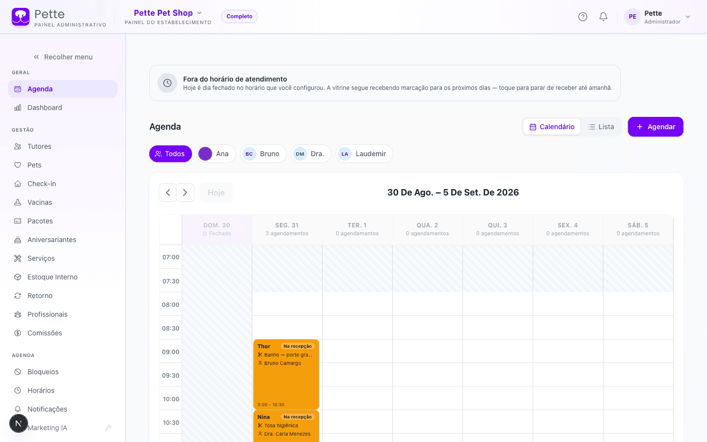 Tela de Agenda no painel do Pette